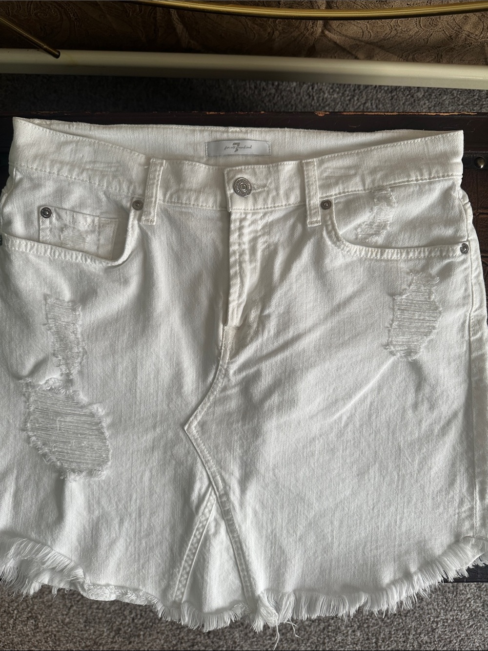 7 For All Mankind White Distressed Denim Mini Skirt - Picture 1 of 7
